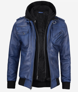 Veste en cuir pour homme, cuir ciré bleu, veste bomber, 2025 - Product Image 5