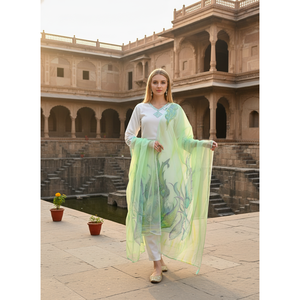 Chiffon Hand Painted Solid <b>Print</b> Kurta Top with Trousers & Dupatta (XXL/XXL) - Product Image 1