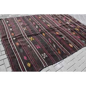 Turkish Vintage Rug, 6.7x10.4 ft Large Rug, <b>Brown</b> Red Bordered <b>Wool</b> Rug - Product Image 2