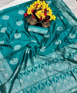 Sari en soie organique Banarasi moderne en litchi géorgotte, avec blouse non cousue, pour soirée, prix de gros, vêtement ethnique, bleu ciel, lavable - Product Image 4