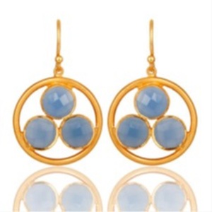 Pendientes de GEMA de Calcedonia azul claro, Plata de Ley 925, forma redonda, novedad - Product Image 1