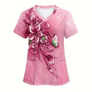 Camiseta de verano de manga corta Unisex en 3D con estampado Floral contemporáneo, camiseta médica veterinaria de enfermería, uniformes de Hospital, tela de sarga - Product Image 5