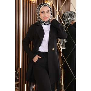 MSW19106-1 Ensemble décontracté noir avec détail ceinture, hauts mi-longs à col rond et manches longues, 100% polyester - Product Image 2