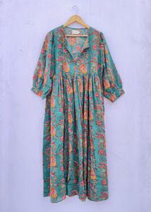 Robe mi-longue en coton à imprimé de blocs floraux: cadeau de fermeture de robe Bohème Kyra pour vos proches robe de femme faite à la main - Product Image 4