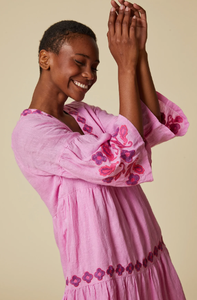 Vestido largo de algodón con bordado Floral para mujer, vestido largo elegante con manga de tres cuartos - Product Image 3