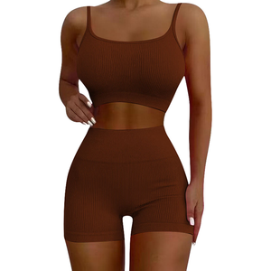 <b>Women</b> Ribbed 2 Piece <b>Shorts</b> Set with Spaghetti Strap Crop Top Summer Seamless Activewear in <b>Pink</b> Orange and Brown Colors - Product Image 5