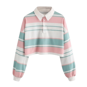 Cotton Crop <b>Top</b> Striped Polo T Shirt <b>for</b> <b>Women</b> Custom Logo <b>for</b> Your Brand XS to 3XL Slim Cropped Ladies Polo Tee Shirt - Product Image 1