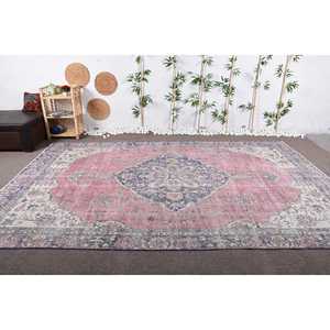 Alfombra Turca Extra Grande de 7,4x11,8 pies, Alfombra de Lana Vintage con Diseño Floral Rosa - Product Image 2