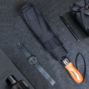 Paraguas de viaje compacto impreso con logotipo personalizado a prueba de viento con luz, mango de madera de doble capa abierto automático, estampado de pongee único - Product Image 2