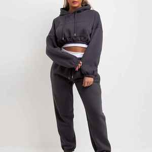 Conjunto de 2 piezas de invierno totalmente personalizable para mujer, chándal deportivo, Tops con cuello levantado y patrón sólido para correr - Product Image 3