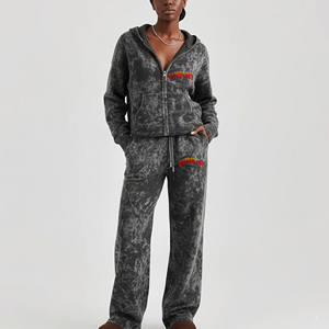 Vente chaude 100% coton solide brodé dentelle Hip Hop Style Sunfade lavé Zip survêtement personnalisé bouffée imprimé Logo décontracté Flare - Product Image 1