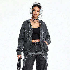 Custom High Quality Acid Washed Oversized Distressed Sweatshirt 500gsm Hoodie Hooded Zip up <b>Denim</b> Pullover <b>Jacket</b> - Product Image 1