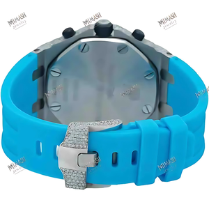 Nouvelle montre de luxe en caoutchouc bleu avec diamants en moissanite, style hip-hop, fonctions automatiques de date et de chronographe, affichage analogique élégant - Product Image 3