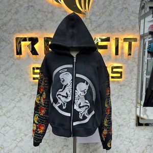 Best Material Perfect Cutting Zipper Hoodie <b>Rhinestone</b> Zip up <b>Jacket</b> Acid Wash Vintage Washed Men Fleece Streetwear Hoodie - Product Image 5