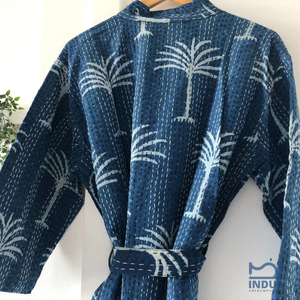 Albornoz Kantha de algodón índigo indio con estampado de bloques a mano, Kimono de algodón con estampado de palmeras, albornoz envolvente - Product Image 5