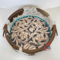 Plateau de présentation en cuir de vachette de style occidental, rond, de style campagnard, grand, avec surpiqûres turquoise et motif floral