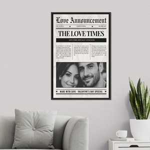 Arte en lienzo personalizado con diseño de periódico de amor, impresión personalizada para el día de San Valentín, con marco negro - Product Image 1