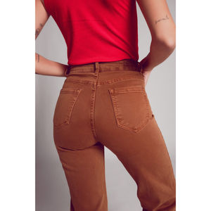 Jeans Anchos Color Camel, Cintura Alta, Decoración con Botones, Mezclilla Transpirable, Estilo Boyfriend, Corte Estándar Holgado, 100% Algodón, Talla 2XL - Product Image 6