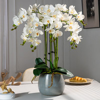 Bunga Anggrek Phalaenopsis Palsu Sutra dalam Pot, Realistis, Warna Putih, dengan Tanaman Hijau dan Pot Plastik Emas, Modern, Ramah Lingkungan