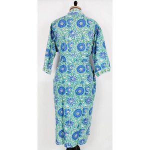 Pur Coton Printemps Túnica Boho de Lujo Estampada a Mano Estilo Kimono Indio de Jaipur Floral Verde Agua para Vacaciones, Playa y Ropa de Playa - Product Image 4
