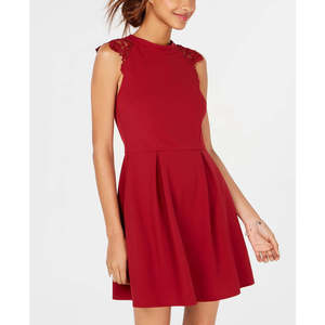 Robe de soirée trapèze rouge grande taille pour femme, sans manches, col bijou, taille naturelle, en crêpe, coupe courte évasée - Product Image 1