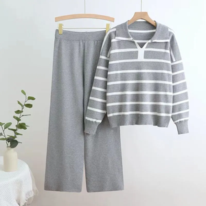 Conjunto de suéter para mujer, conjunto de dos piezas de pantalones de pierna ancha de punto suelto informal con rayas contrastantes europeas y americanas para mujer, envío directo - Product Image 6
