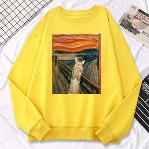 Casual Street Femme Pull Peinture À L'huile Cat's Dusk Print Sweat À Capuche Confortable Polaire Sweat Lâche Chaud Femme Sportswears - Product Image 6