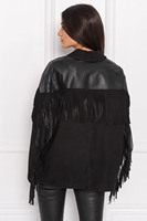 Jaket Wanita Berbahan Kulit Domba Asli Warna Hitam dengan Rumbai dari Kulit Suede Lembut