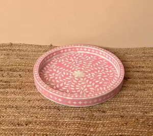 Bandeja de servicio floral azul redonda con incrustaciones de hueso de la mejor calidad, utensilios de cocina para hoteles y restaurantes, bandeja decorativa artesanal natural - Product Image 4