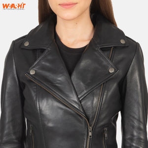 Chaqueta de motorista de cuero negro genuino para mujer, ajustada, cuello de solapa clásico, cremallera frontal asimétrica, cremallera lateral, liso teñido sólido - Product Image 2