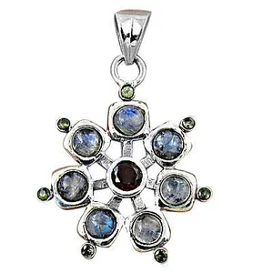 Pendentif Flocon de Neige en Argent 925 avec Grenat Central et Pierre de Lune Enveloppée, Style Bohème, Sertissage Clos, Charme Unisexe pour Usage Quotidien - Product Image 3