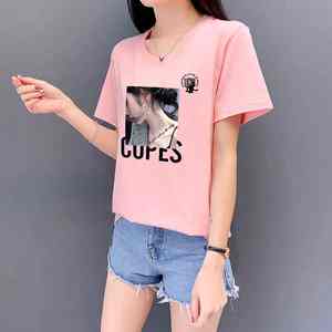 Camiseta de algodón con estampado gráfico personalizado para mujer, Camiseta básica de gran tamaño con cuello redondo de calidad de marca - Product Image 6