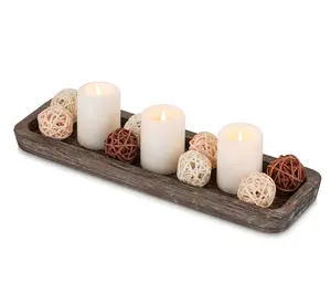 Plateau à bougies en bois rustique: Bougeoirs décoratifs chauffe-plat Long Farmhouse Candle Plate Centre de table en bois pour salle à manger