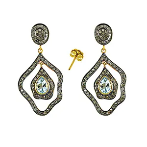 Boucles d'oreilles pendantes vintage pour femme, en argent 925 plaqué or, serties de diamants turquoise en forme de goutte, géométriques, pour les soirées - Product Image 1