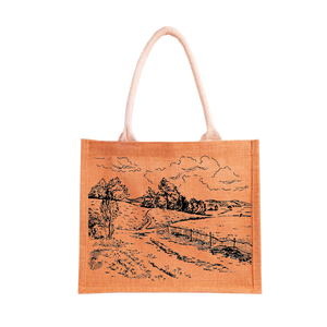 Bolsas de compras duraderas de arpillera de yute teñidas ecológicas con estampado geométrico personalizado y asa acolchada de correas - Product Image 3
