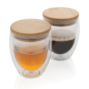 Set di tazze di vetro a doppia parete da 250ml con coperchio in bambù - Product Image 4