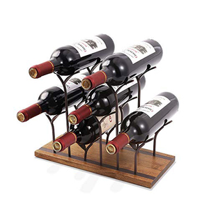 Estante de Metal y madera para vino, soporte para vino, organizador de mesa con recubrimiento de polvo negro, decoración para comedor, encimera, estante para botellas de vino - Product Image 1