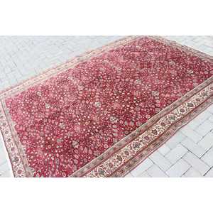Tapis turc vintage en laine 6,4x9,1 pieds, motif patchwork rouge, avec support en latex écologique - Product Image 2