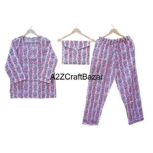 Conjunto de Pijama de Algodón 100% para Mujer, Estampado Floral, Cuello Redondo, Tejido de Punto, Cierre con Cordón, Mangas Cortas, Primavera - Product Image 6