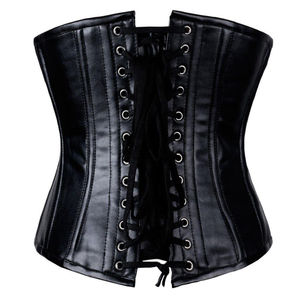 Dernier modèle en gros de corset gothique en cuir noir steampunk pour femme, avec dentelle, armatures en acier, boutons sur le devant et applications de plumes - Product Image 6