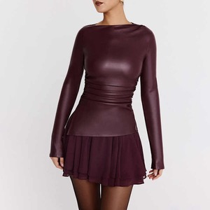 النساء الشتاء عارضة طويلة الأكمام قمم بو الجلود مطوي - Product Image 5