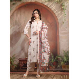 ชุดคุร์ตาผ้าฝ้ายพิมพ์ลายสีขาวนวลทรงเอไลน์สำหรับผู้หญิง พร้อมผ้าคลุมไหล่ - Product Image 1