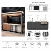 Kiosque de cuisine mobile modulaire d'extérieur sur roues en acier inoxydable avec évier, cuisinière et stockage réfrigéré