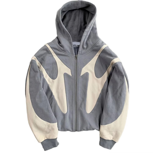 Sudadera con Capucha de Dos Tonos, Personalizada, con Bloques de Color, de Algodón Grueso, con Bordado, Hombros Caídos, Estilo Patchwork, con Cremallera - Product Image 1