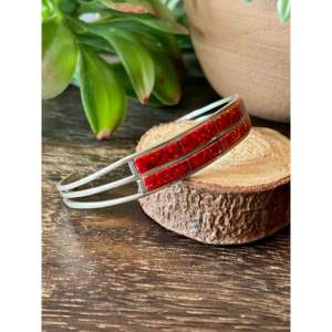 Navajo Handmade Red <b>Opal</b> & Sterling Silver Inlay Cuff <b>Bracelet</b> Cultural Collectible Jewelry - Product Image 3