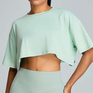 Wholesale Summer Cotton Short Sleeve T Shirt Round Neck Crop Top <b>Tshirt</b> for <b>Women</b> Casual Knitted Plain Dyed Casual Pullover - Product Image 3