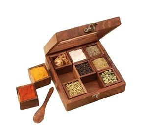 Boîte Masala en bois massif avec 4 compartiments Qualité exclusive pour la cuisine à domicile ou le restaurant Boîte à épices de forme carrée - Product Image 4
