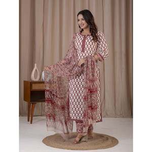 Conjunto de Kurta y Pantalón de Algodón con Estampado a Mano en Blanco y Rojo, con Mangas Tres Cuartos para Uso Diario - Product Image 3