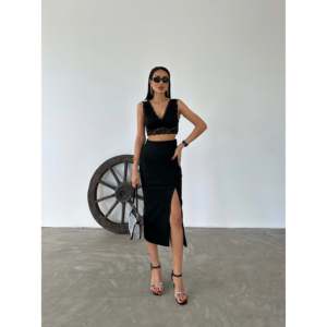 Falda Midi de Tela Otomana de Cintura Alta con Fruncido Ajustado, Elegante y con Estilo - Product Image 1