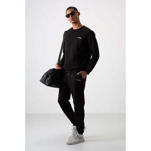 Ensemble de survêtement pour homme en coton épais, doux, texturé, confortable et brodé - 85254 - Noir/écru/noir - Product Image 1